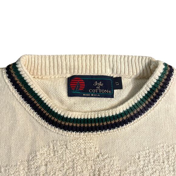 Isle of Cotton Embroidered Golf Sweater Knit Pattern Cream Vintage Large Tall - Picture 5 of 8